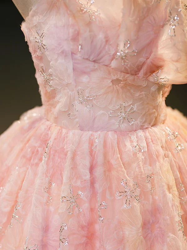 Wholesale Pink Flower Long Princess Dress Pink Strapless Formal Evening Dress